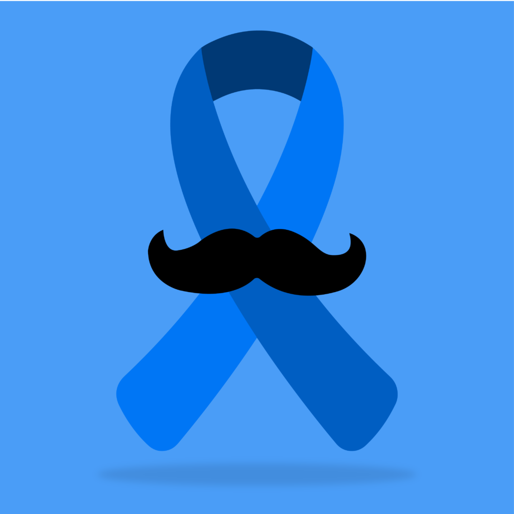 Laço azul com um bigode no meio remetendo ao movimento novembro azul
